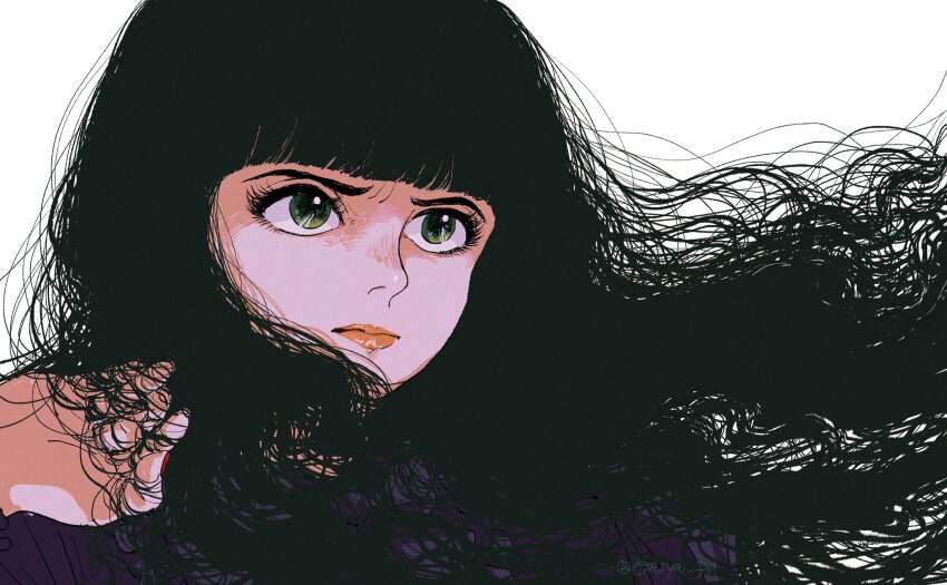 1girl, black_hair, blunt_bangs, dress, frown, green_hair, highres, lipstick