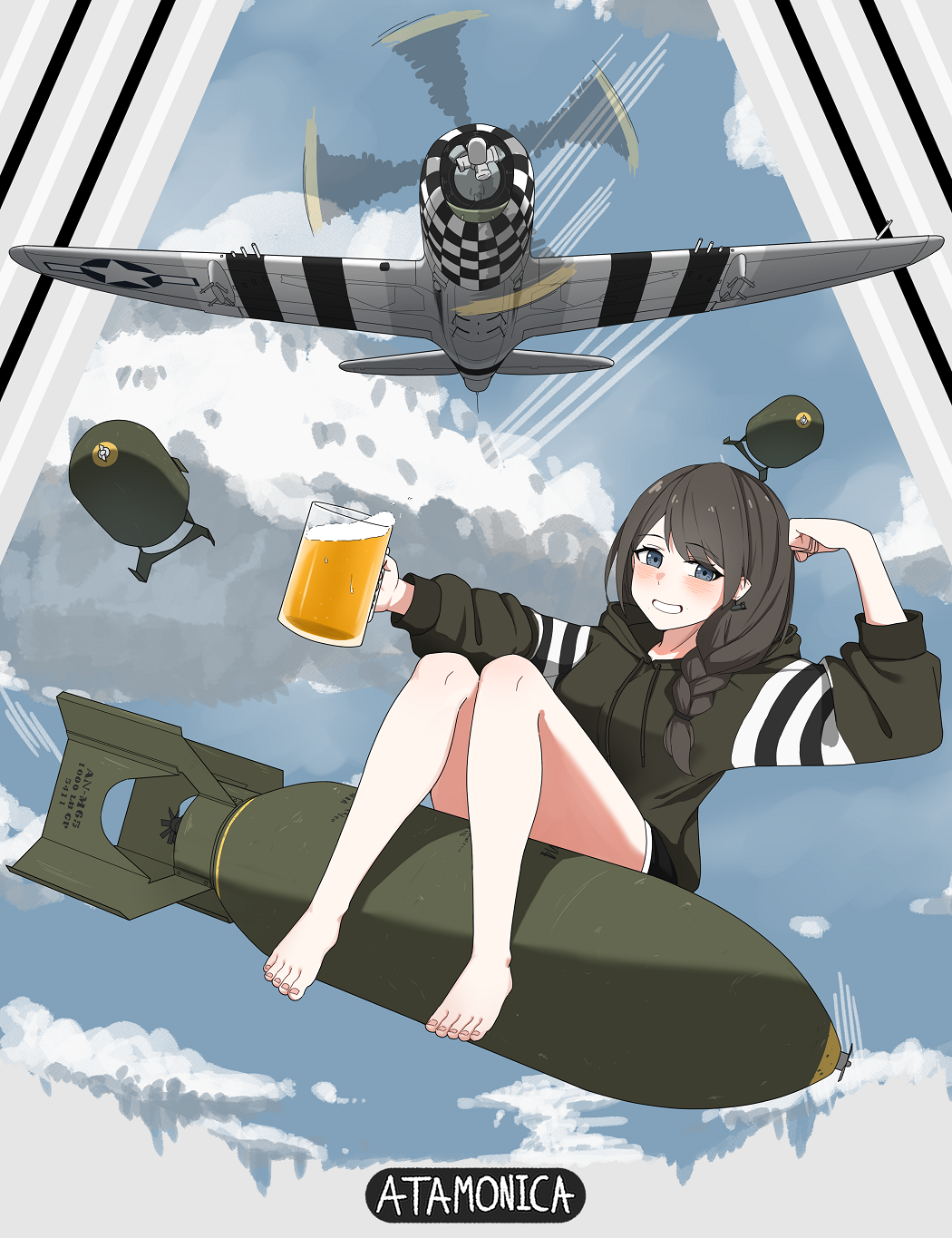 1girl, aerial_bomb, aircraft, airplane, alcohol, arm_up, artist_name, atamonica