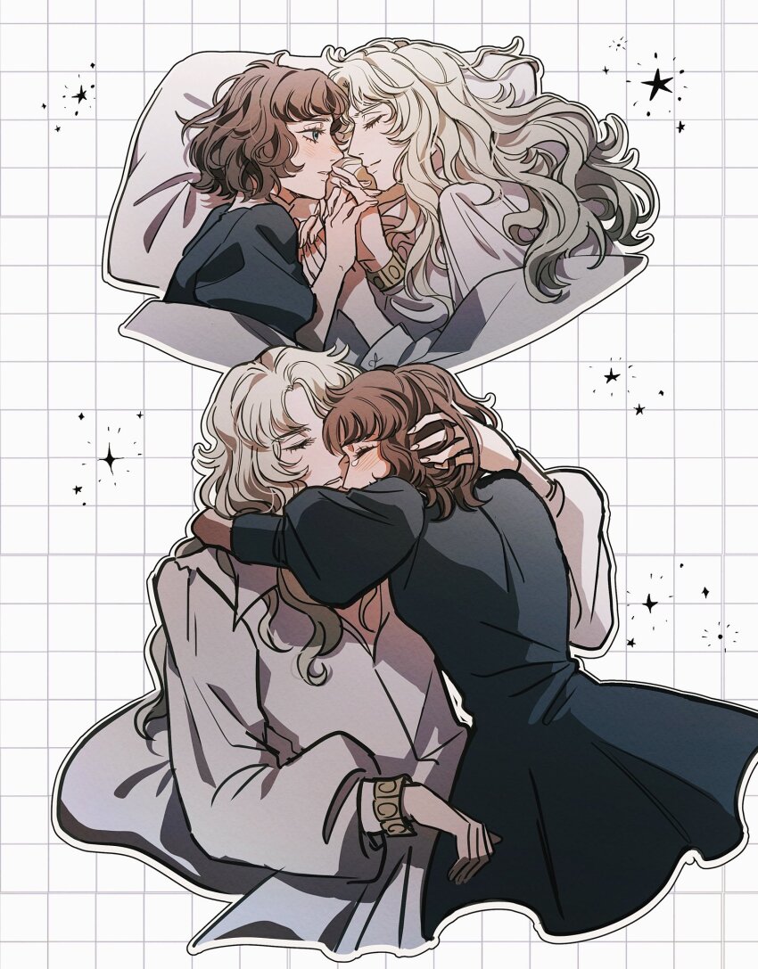 2girls, asaka_rei, black_dress, blush, brown_hair, closed_eyes, dress, green_hair