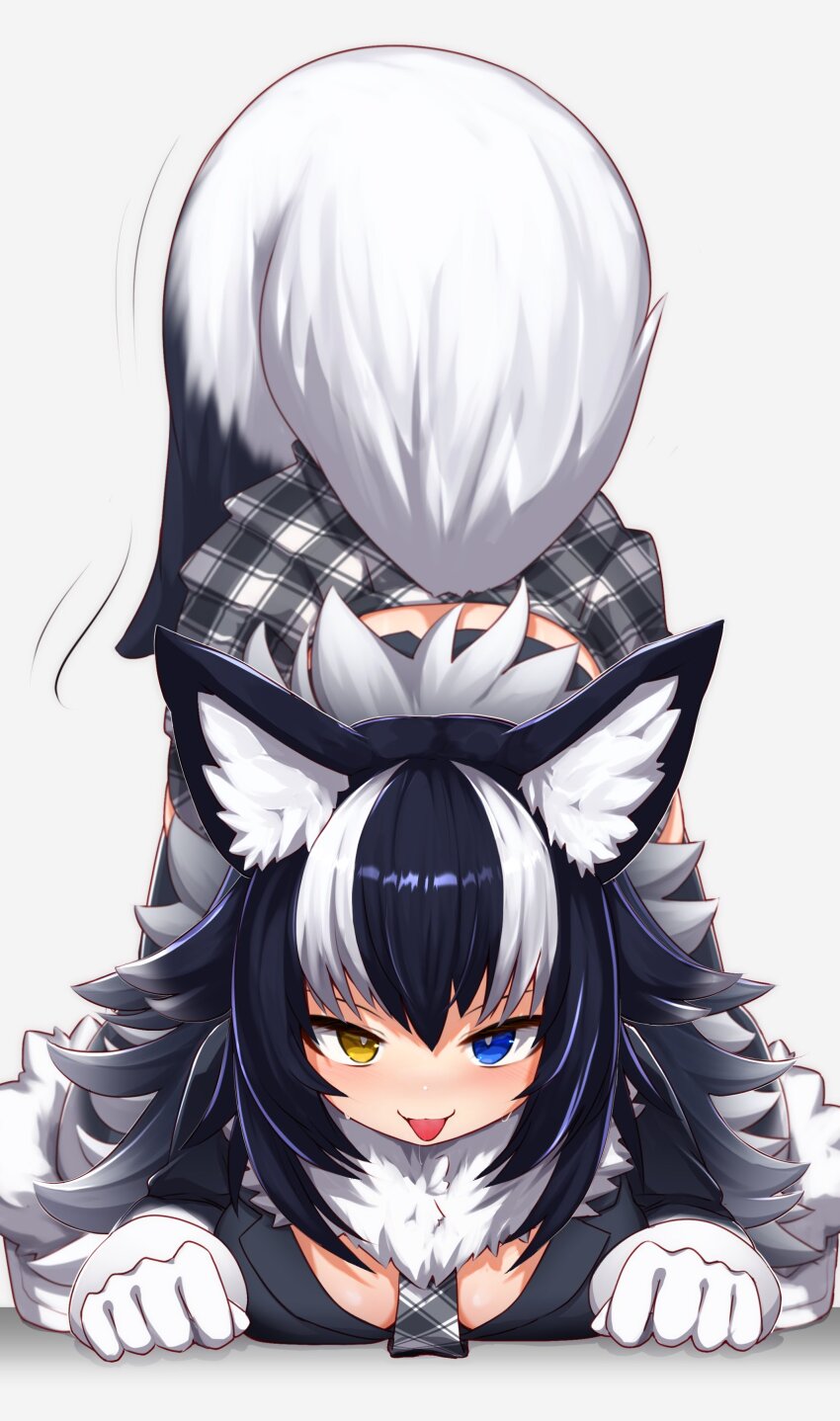 1girl, absurdres, all_fours, animal_ears, bent_over, between_breasts, black_hair, blue_eyes