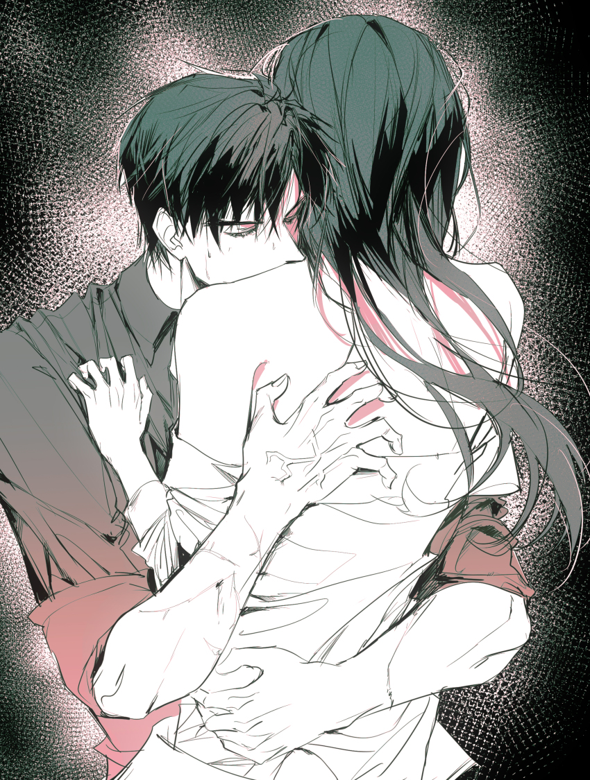 1boy, 1girl, absurdres, bare_shoulders, black_hair, black_shirt, closed_eyes, collared_shirt