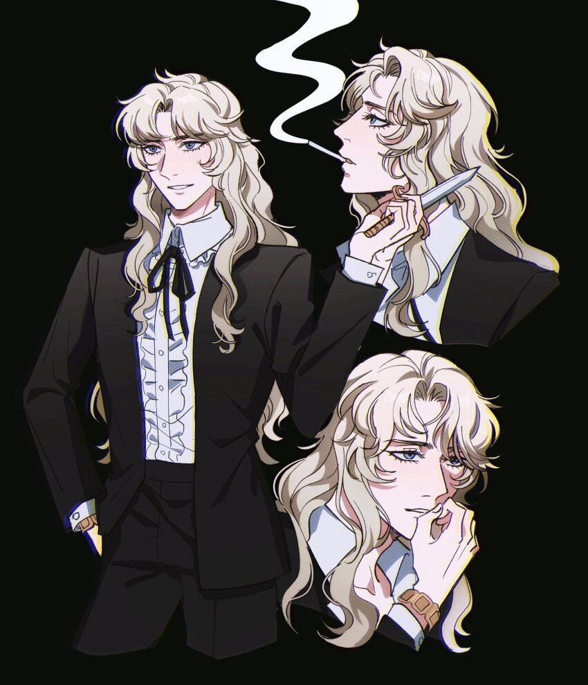 1girl, androgynous, asaka_rei, black_background, black_coat, black_pants, black_ribbon, blonde_hair