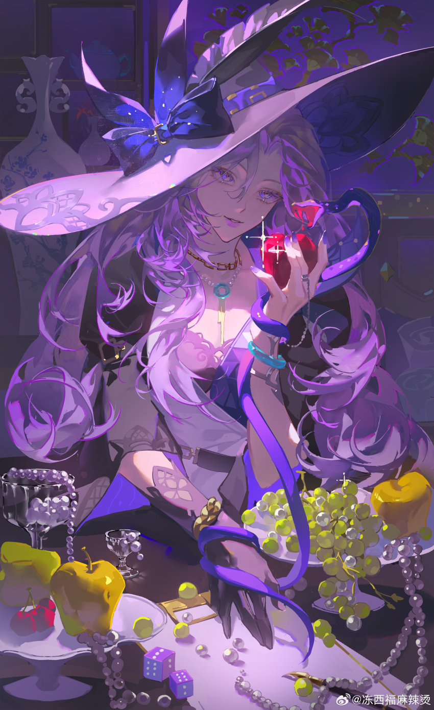 1girl, absurdres, apple, artist_name, black_gloves, blue_eyes, breasts, candian_dong, cleavage, cowboy_shot, dice, fingernails, food, fruit, gloves, hat, highres, honkai:_star_rail, honkai_(series), indoors, jade_(honkai:_star_rail), jewelry, large_breasts, light_particles, long_hair, nail_polish, necklace, purple_hair, purple_hat, purple_nails, sidelocks, smile, solo, table, watermark, weibo_watermark