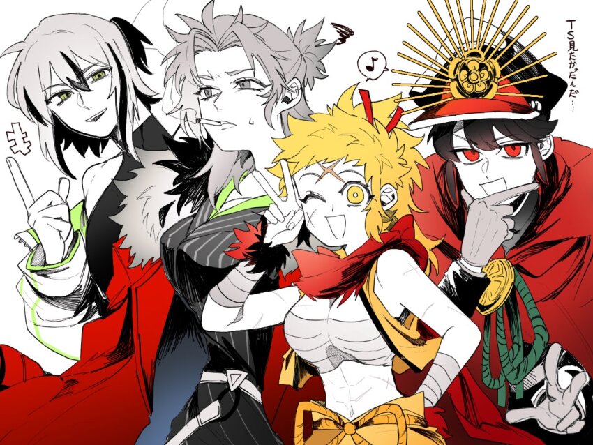 2boys, 2girls, abs, black_hair, blonde_hair, breasts, cape, chest_sarashi