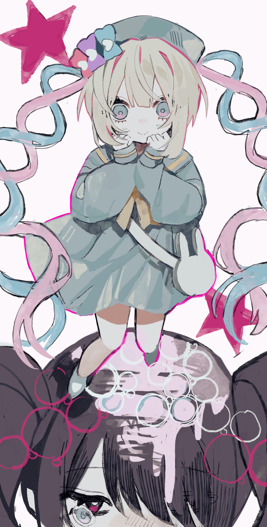 2girls, absurdres, ame-chan_(needy_girl_overdose), blonde_hair, blue_dress, blue_eyes, blue_hair, blush