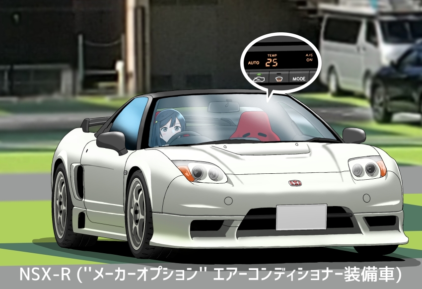 1girl, black_hair, blurry, blurry_background, car, commentary_request, driving, grey_eyes