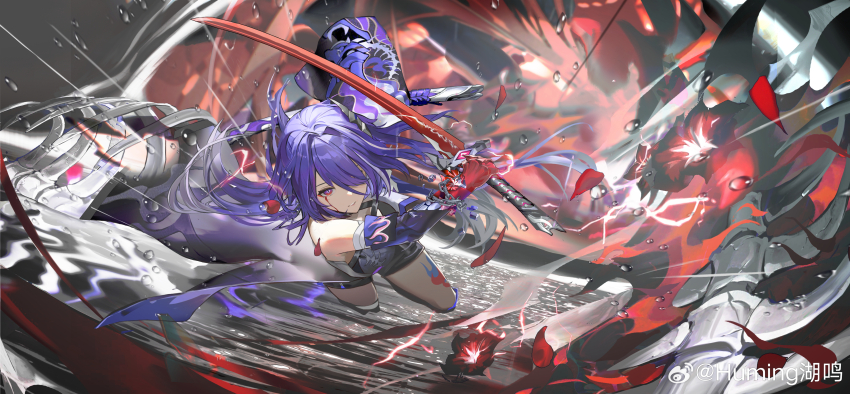 1girl, absurdres, acheron_(honkai:_star_rail), black_choker, black_gloves, black_shorts, blood, bloody_tears