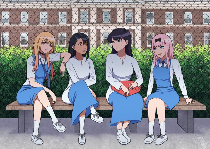 4girls, art_of_wan, bag, black_hair, blonde_hair, blue_eyes, blue_necktie, bow, choker, crossover, dress, fujiwara_chika, hair_bow, holding, holding_bag, ijiranaide_nagatoro-san, kaguya-sama_wa_kokurasetai_~tensai-tachi_no_renai_zunousen~, kitagawa_marin, komi-san_wa_komyushou_desu, komi_shouko, long_hair, long_sleeves, malaysian_clothes, malaysian_secondary_school_uniform, multiple_crossover, multiple_girls, nagatoro_hayase, necktie, on_bench, pinafore_dress, pink_hair, purple_eyes, red_bag, red_eyes, school, school_uniform, sleeveless, sleeveless_dress, socks, sono_bisque_doll_wa_koi_wo_suru, tan, white_footwear, white_socks