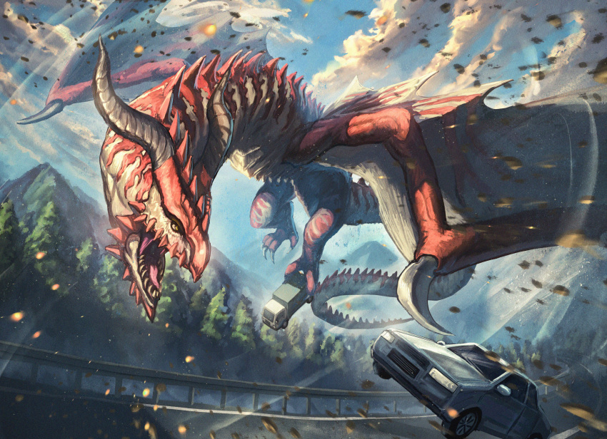 absurdres, box_truck, car, claws, creature, dragon, dragon_horns, dragon_wings, fantasy, flying, highres, horns, monster, motor_vehicle, no_humans, original, robuja, scales, sharp_teeth, teeth, truck, western_dragon, wings, wyvern