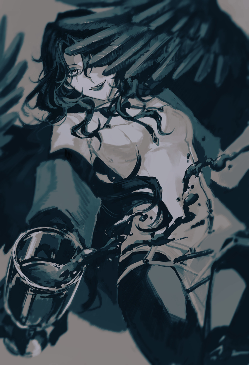 1girl, absurdres, bow, bowtie, commentary_request, cowboy_shot, cup, feathered_wings