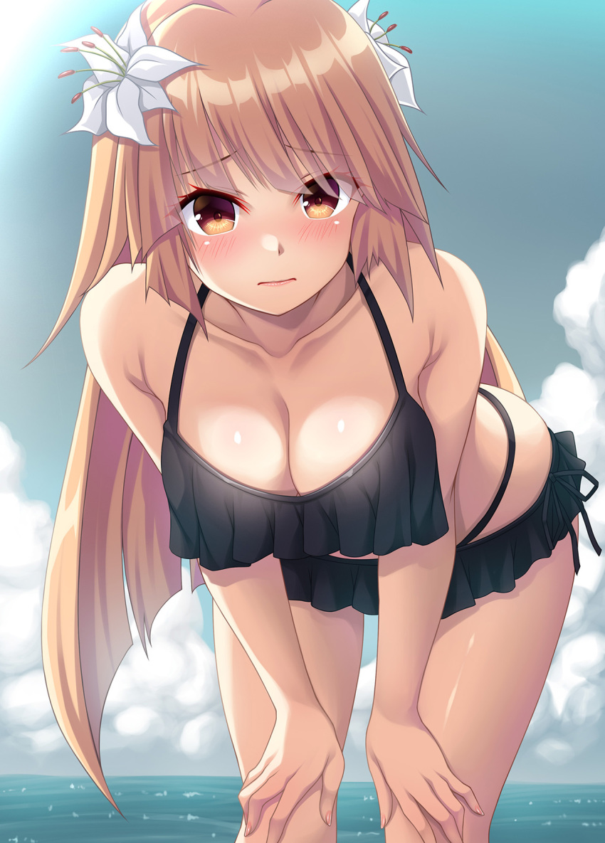 1girl, bikini, black_bikini, blonde_hair, blush, breasts, brooklyn_(kancolle), brooklyn_(swimsuit)_(kancolle)