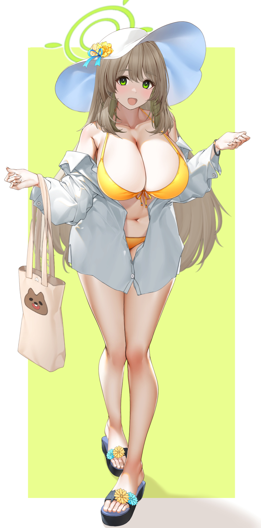 1girl, :d, absurdres, bag, bikini, blue_archive, border, bracelet