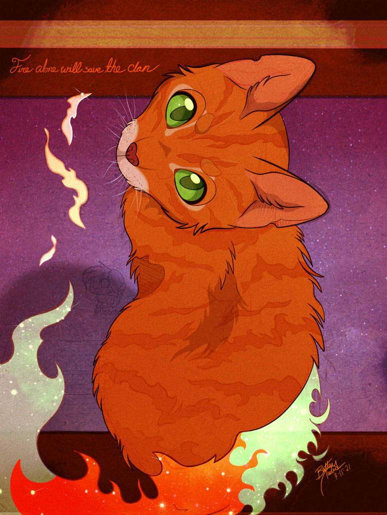 animal, animal_focus, cat, clip_studio_paint_(medium), commentary, dated, english_commentary, english_text, fiery_tail, fire, firestar_(warrior_cats), from_above, green_eyes, indoors, looking_at_viewer, looking_up, no_humans, orange_cat, orange_fur, painttool_sai_(medium), signature, source_quote, tail, the_prophecies_begin, unibat, warrior_cats, watermark, whiskers
