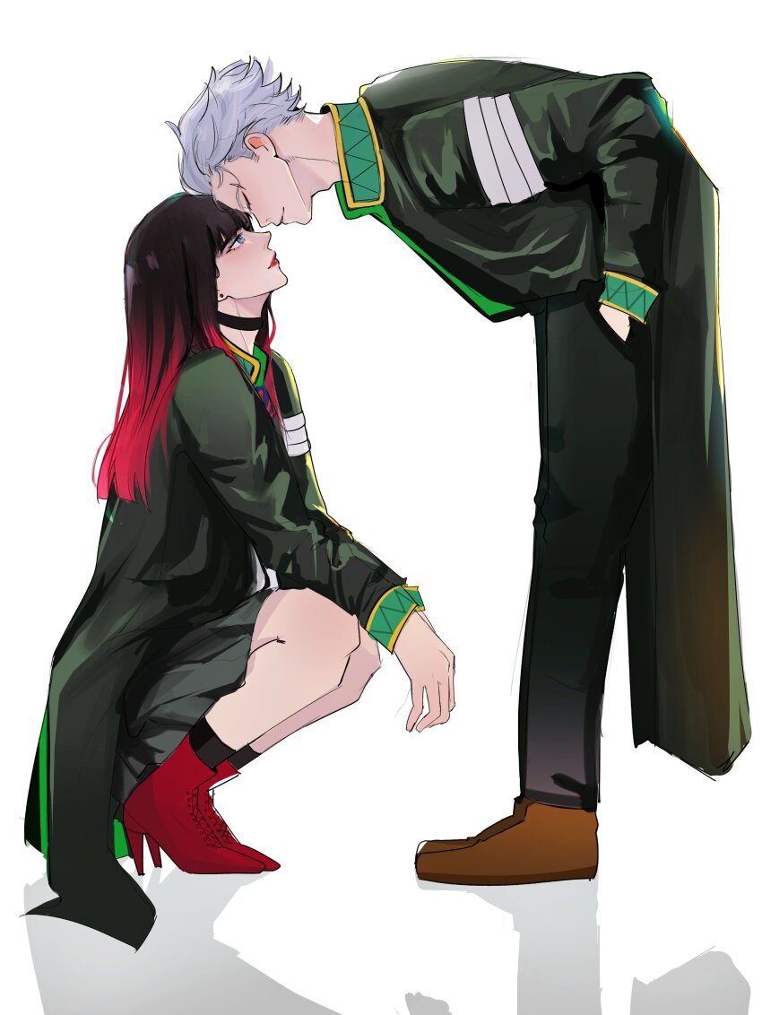 2boys, absurdres, androgynous, black_hair, blue_eyes, boots, brown_shoes, hand_in_pocket