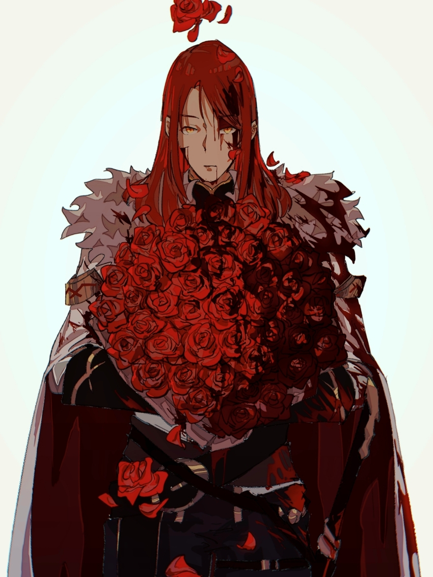 1boy, blood, blood_from_forehead, blood_on_clothes, blood_on_face, bouquet, cape, cowboy_shot