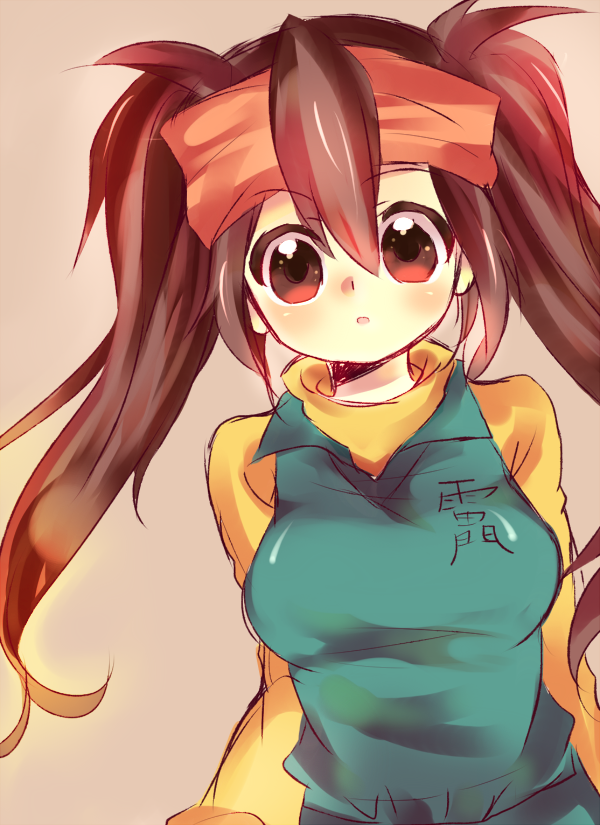 1girl, bad_id, bad_pixiv_id, brown_hair, endou_mamoru, female_focus, genderswap, genderswap_(mtf), headband, inazuma_eleven, inazuma_eleven_(series), long_hair, red_eyes, shiroto, shiroto_iku, solo, twintails