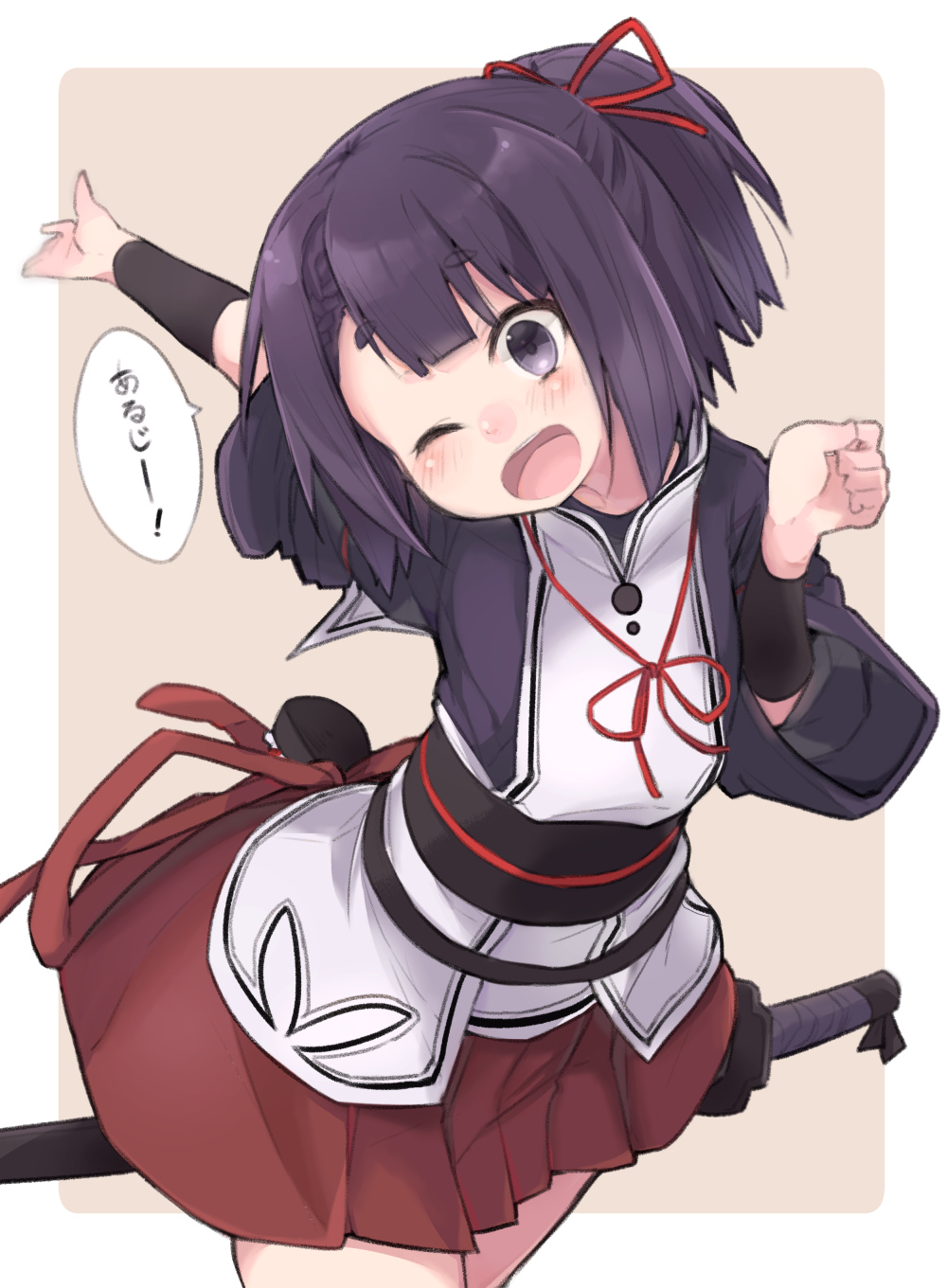 1girl, arm_warmers, black_hair, black_shirt, brown_background, clenched_hand, commentary, hands_up