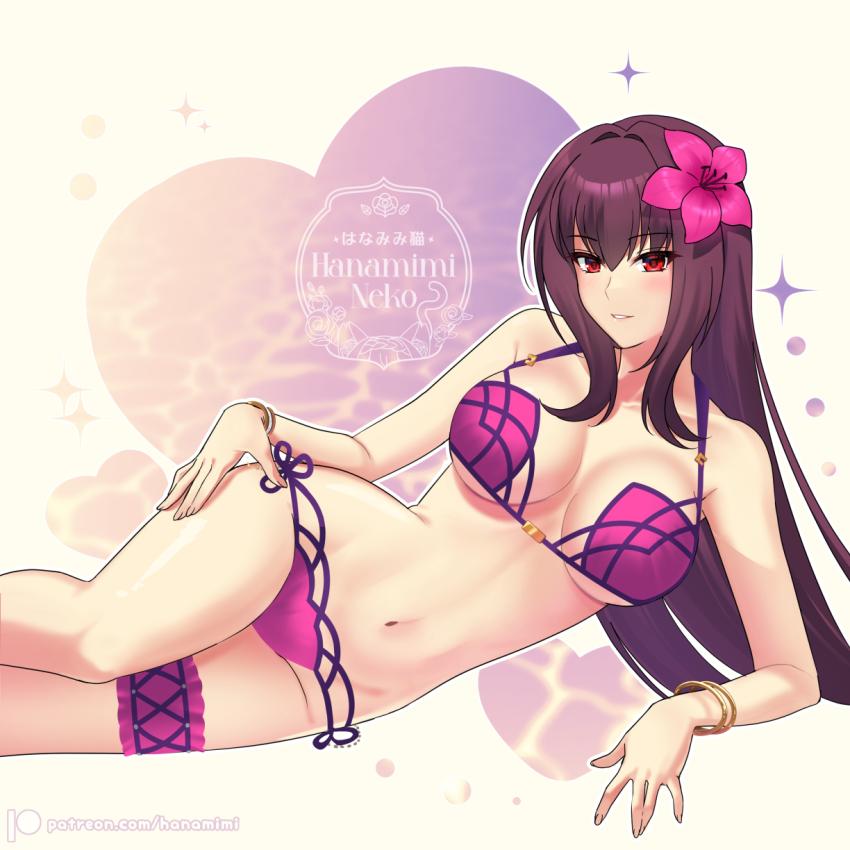 1girl, bikini, breasts, fate/grand_order, fate_(series), flower, hair_between_eyes, hair_flower