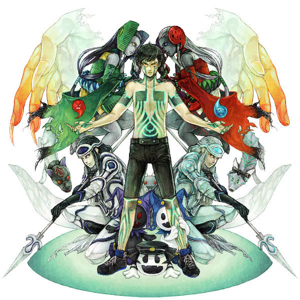 2girls, 6+boys, ara_mitama_(megami_tensei), armor, atlus, black_footwear, black_frost, black_hair