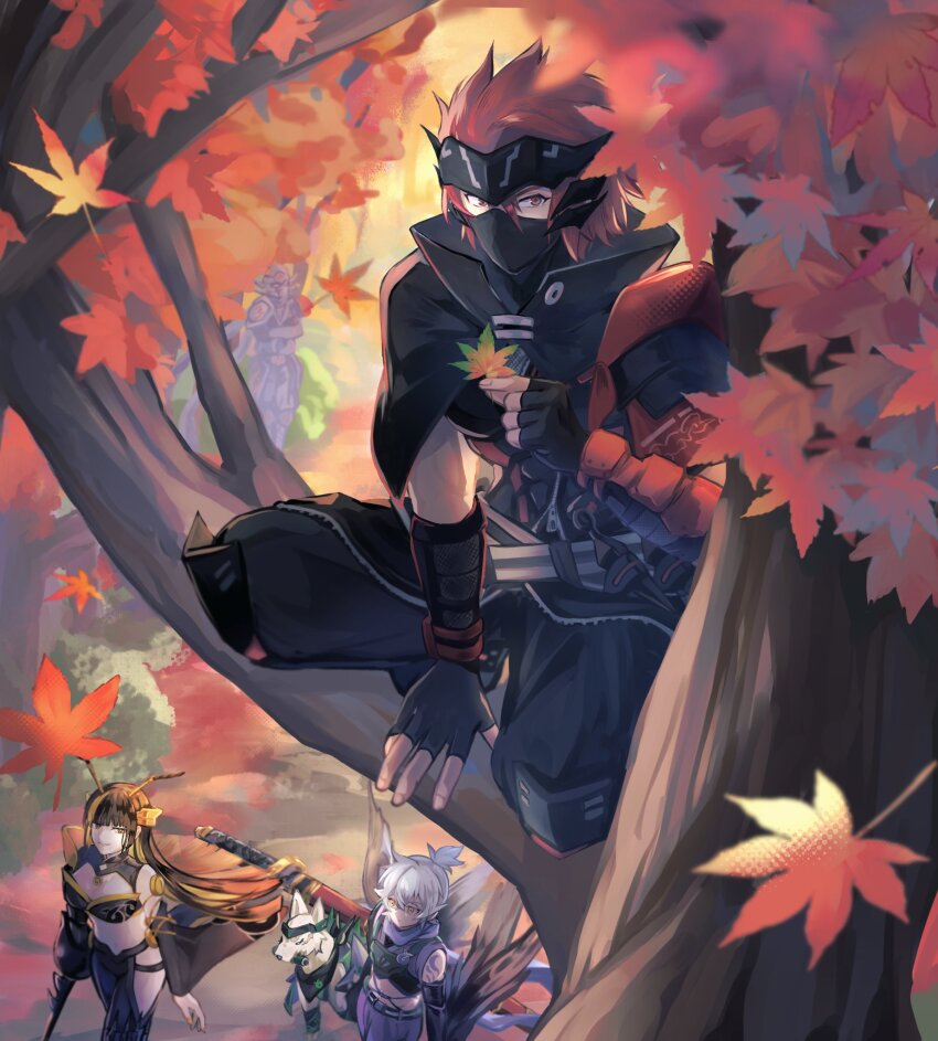 1girl, 2boys, autumn, autumn_leaves, baku_the_beast_ninja, black_hair, black_wings, blonde_hair