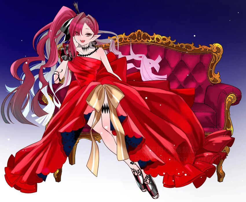 1girl, armrest, baobhan_sith_(exhibition_attire)_(fate), baobhan_sith_(fate), baobhan_sith_(fgo_fes._2024)_(fate), baobhan_sith_(swimsuit_pretender)_(third_ascension)_(fate), black_bow, black_scrunchie