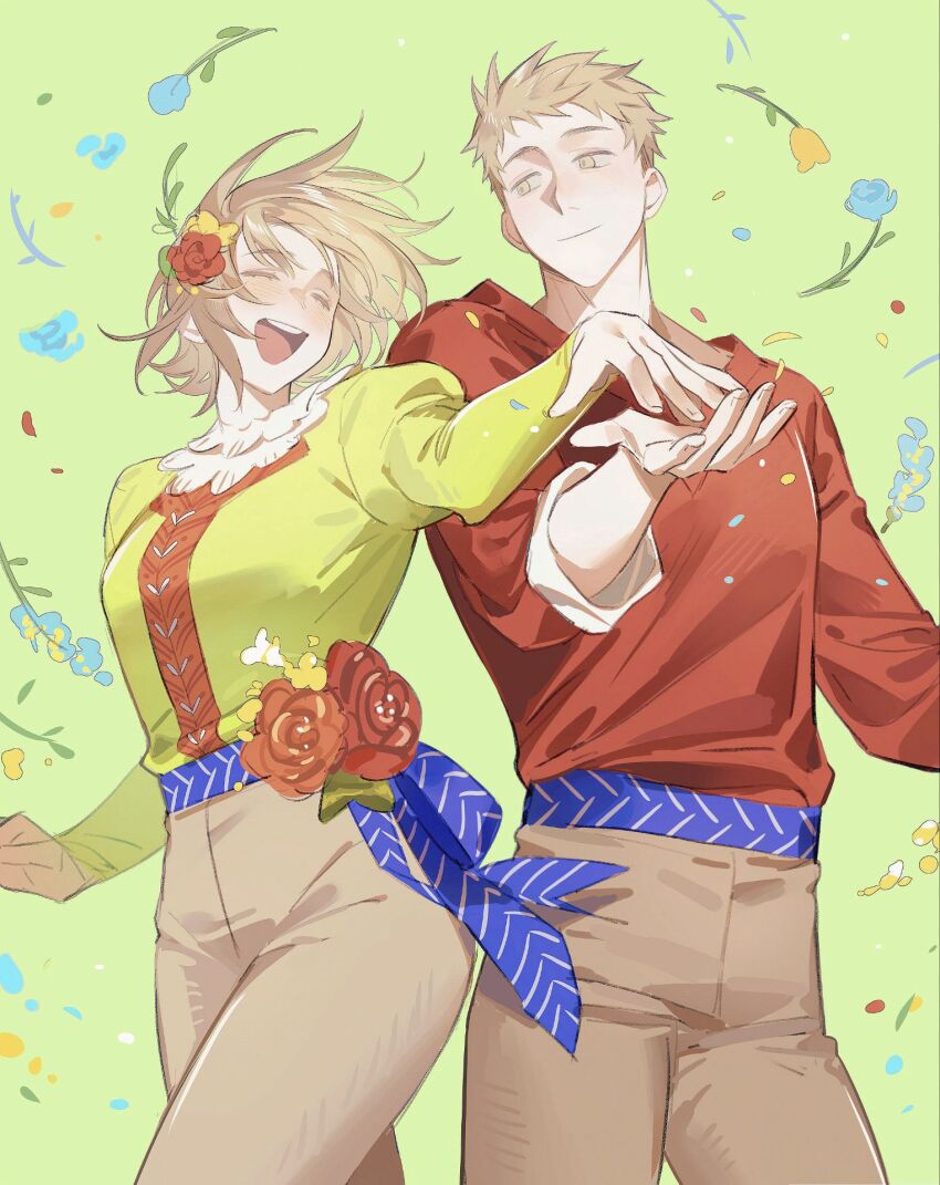 1boy, 1girl, blonde_hair, blue_sash, brother_and_sister, brown_pants, cowboy_shot, dungeon_meshi