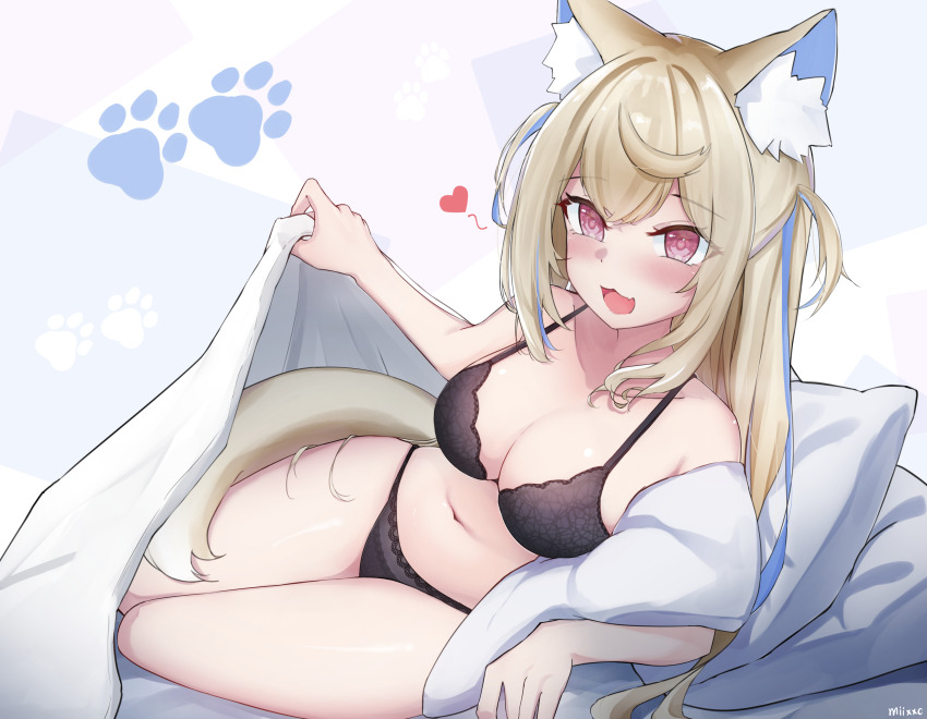 1girl, :3, :d, absurdres, alternate_costume, animal_ears, bed_invitation, black_bra, black_panties, blonde_hair, blue_hair, blush, bra, breasts, cleavage, commentary, crossed_bangs, dog_ears, dog_girl, dog_tail, double-parted_bangs, english_commentary, fuwawa_abyssgard, hair_between_eyes, heart, highres, hololive, hololive_english, lace, lace_bra, large_breasts, lifting_covers, lingerie, long_hair, looking_at_viewer, lying, miixxc, multicolored_hair, navel, on_side, open_mouth, panties, pillow, red_eyes, smile, solo, stomach, streaked_hair, tail, two_side_up, under_covers, underwear, underwear_only, virtual_youtuber