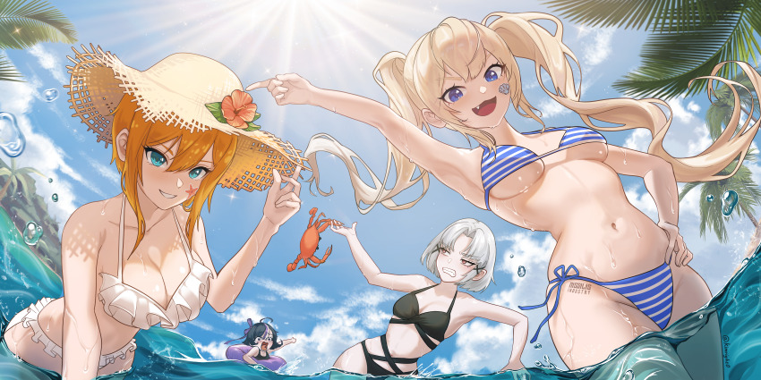 4girls, absurdres, ahoge, aqua_eyes, bare_shoulders, bikini, black_bikini, black_hair, black_one-piece_swimsuit, blonde_hair, blue_bikini, blue_eyes, blue_sky, breasts, cleavage, clenched_teeth, cloud, collarbone, commentary, crab, day, drake_(nikke), english_commentary, fang, goddess_of_victory:_nikke, grin, hair_between_eyes, hair_ornament, hair_ribbon, highres, incredibly_absurdres, kimright0, laplace_(nikke), large_breasts, long_hair, looking_at_viewer, matis_(nikke), maxwell_(nikke), medium_breasts, medium_hair, multiple_girls, navel, one-piece_swimsuit, open_mouth, orange_hair, outdoors, palm_tree, red_eyes, ribbon, short_hair, sidelocks, sky, small_breasts, smile, sparkle, standing, sticker, sticker_on_face, stomach, striped_bikini, striped_clothes, sunlight, swim_ring, swimming, swimsuit, syuen_(nikke), tearing_up, teeth, tree, twintails, water, water_drop, wet, white_bikini, white_hair