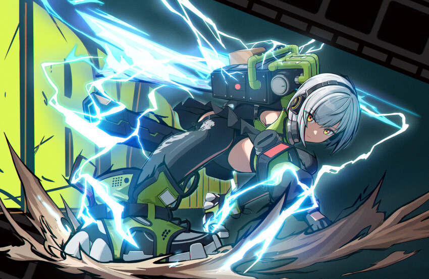 anby_demara, bare_shoulders, black_thighhighs, detached_sleeves, dynamic_pose, electricity, foreshortening, grey_hair