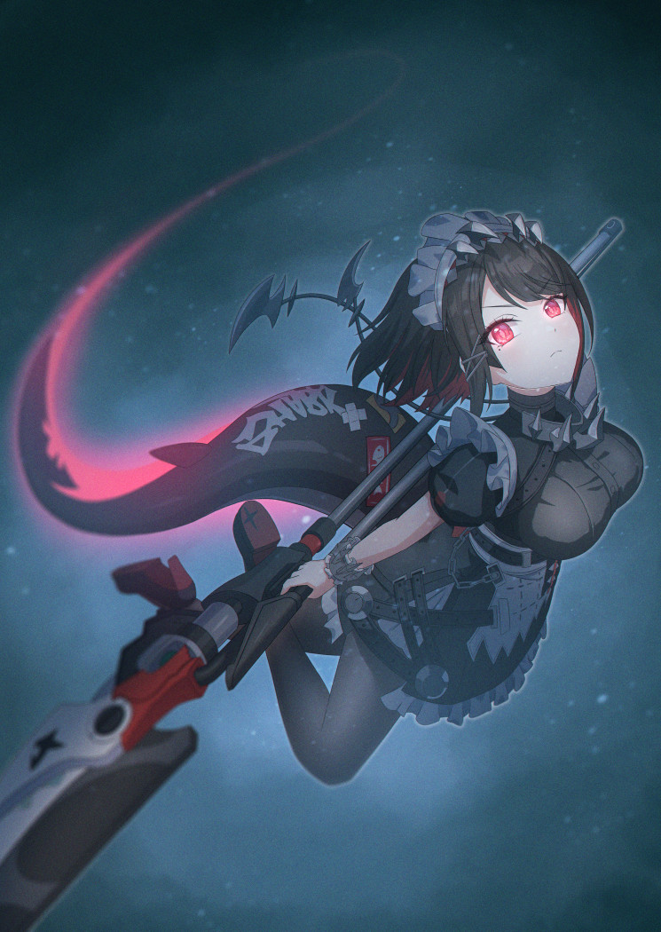 1girl, black_dress, black_hair, breasts, colored_inner_hair, dress, ellen_joe, fins, fish_tail, glowing, glowing_eyes, glowing_tail, heeyan, holding, holding_weapon, looking_at_viewer, maid, maid_headdress, mole, mole_under_eye, multicolored_hair, pantyhose, puffy_short_sleeves, puffy_sleeves, red_eyes, red_hair, red_nails, shark_tail, short_hair, short_sleeves, solo, swimming, tail, underwater, weapon, zenless_zone_zero