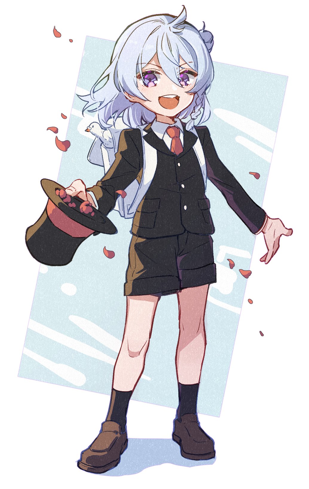 1boy, :d, aged_down, backpack, bag, bird, black_shirt, black_shorts