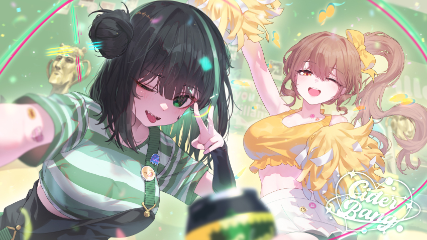 1boy, 2girls, ;d, ;p, absurdres, arm_up, bare_shoulders, bike_shorts, black_gloves, black_hair, black_overalls, black_shorts, blurry, bow, breasts, brown_hair, cheering, cheerleader, colored_inner_hair, crop_top, death_hammer_chouloky, depth_of_field, detached_sleeves, double_bun, facial_mark, frilled_shirt, frills, gloves, green_eyes, green_hair, green_shirt, hair_between_eyes, hair_bow, hair_bun, highres, holding, holding_pom_poms, large_breasts, long_hair, long_sleeves, looking_at_viewer, medium_hair, midriff, miniskirt, multicolored_hair, multiple_girls, one_eye_closed, open_mouth, orange_eyes, orange_shirt, overall_shorts, overalls, pleated_skirt, pom_pom_(cheerleading), pom_poms, sharp_teeth, shirt, short_sleeves, shorts, side_ponytail, single_detached_sleeve, skirt, sleeveless, sleeveless_shirt, smile, sticker_on_arm, strap_slip, streaked_hair, striped_clothes, striped_shirt, sushispin, t-shirt, teardrop_facial_mark, teeth, tongue, tongue_out, v, very_long_hair, victory_(waktaverse), virtual_youtuber, waktaverse, white_background, white_shirt, white_skirt, woowakgood, yellow_bow