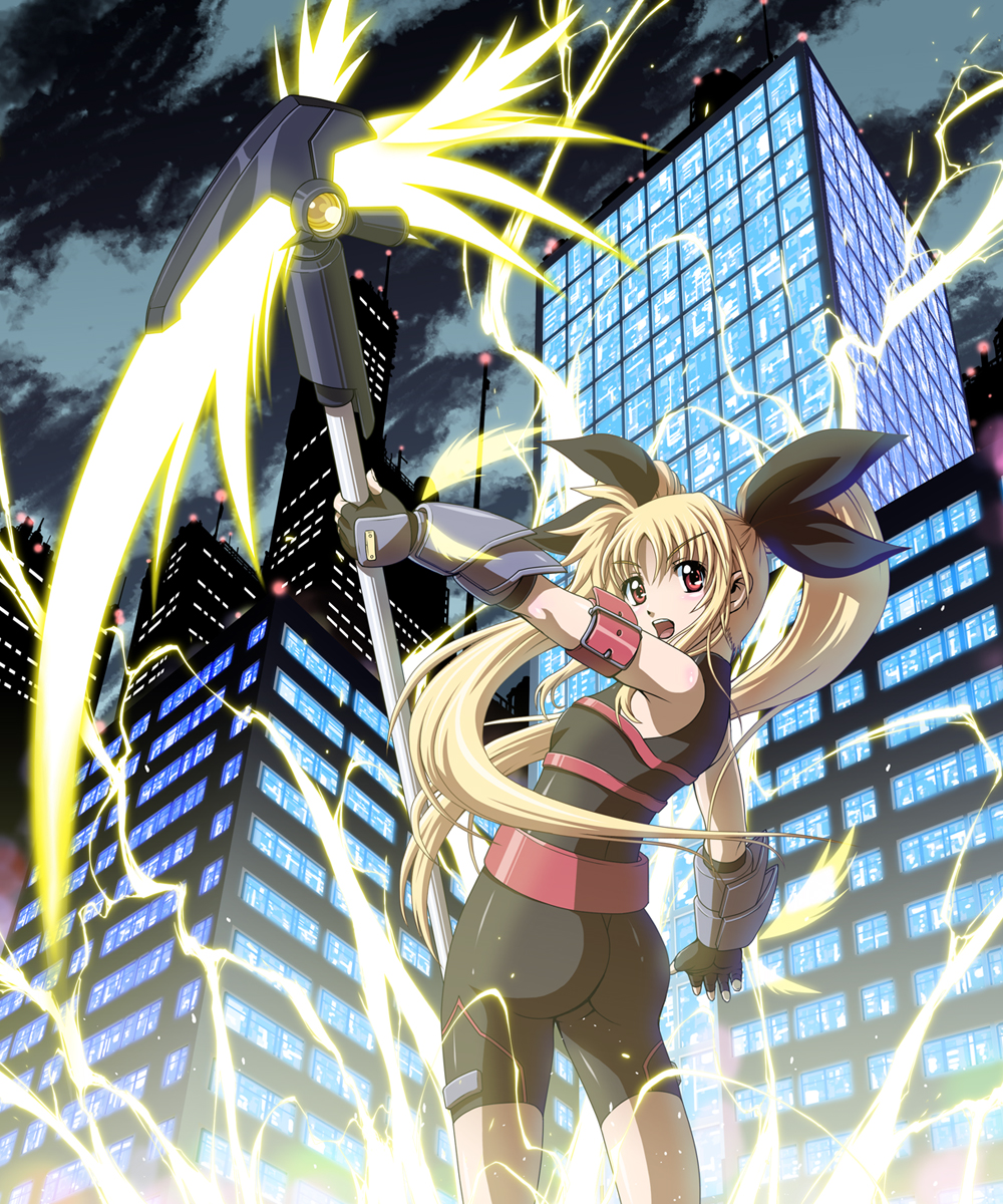 00s, 1girl, ass, bardiche_(haken_form)_(nanoha), bardiche_(nanoha), blonde_hair, fate_testarossa, fate_testarossa_(sonic_form)