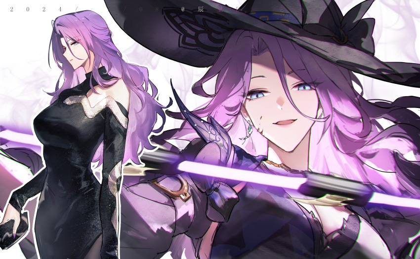 1girl, 2024, absurdres, alternate_costume, bag, black_bow, black_bra, black_dress, black_hat, blue_eyes, bow, bra, bra_peek, breasts, chain, chain_necklace, chen_li, chinese_commentary, chromatic_aberration, cleavage, clothing_cutout, commentary_request, dated, dress, earrings, evil_smile, handbag, hat, hat_bow, highres, holding, holding_bag, holding_whip, honkai:_star_rail, honkai_(series), jade_(honkai:_star_rail), jewelry, large_breasts, large_hat, long_dress, long_hair, looking_at_viewer, multiple_views, nail_polish, necklace, parted_bangs, purple_hair, shoulder_cutout, slit_pupils, smile, underwear
