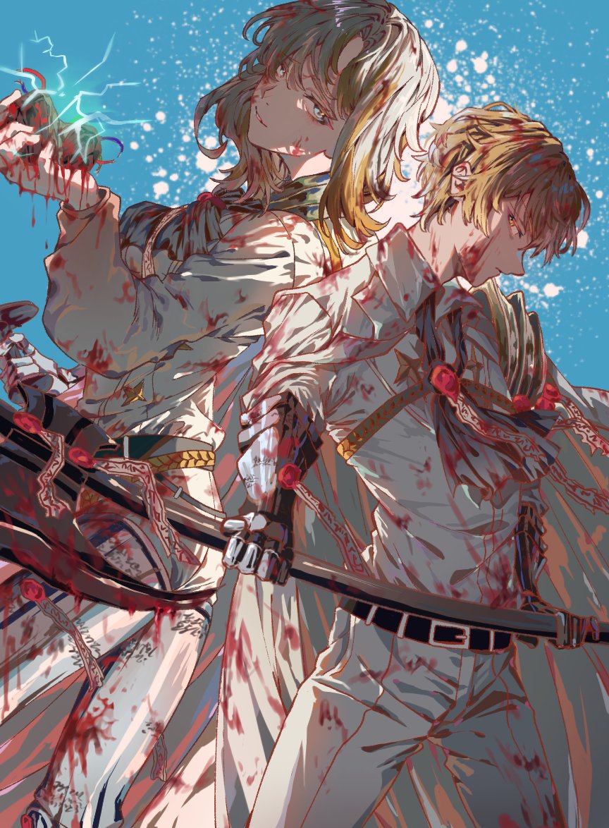1boy, 1girl, ascot, blonde_hair, blood, blood_on_clothes, blood_on_face, closed_mouth