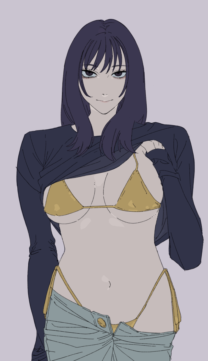 1girl, absurdres, belly, bikini, bikini_under_clothes, billyonthestraw, black_shirt, breasts, clothes_lift, gold_bikini, highres, kohjiya_fukan, long_hair, long_sleeves, looking_at_viewer, navel, open_fly, original, purple_background, shirt, shirt_lift, simple_background, solo, swimsuit, unbuttoned