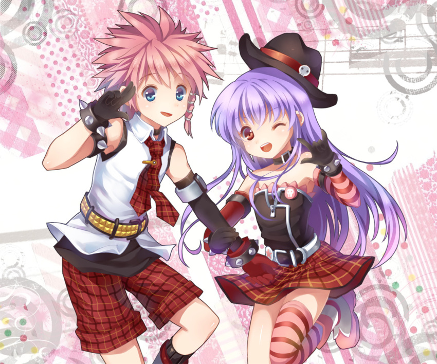 1boy, 1girl, androgynous, arm_grab, bare_shoulders, belt, blue_eyes, bracelet