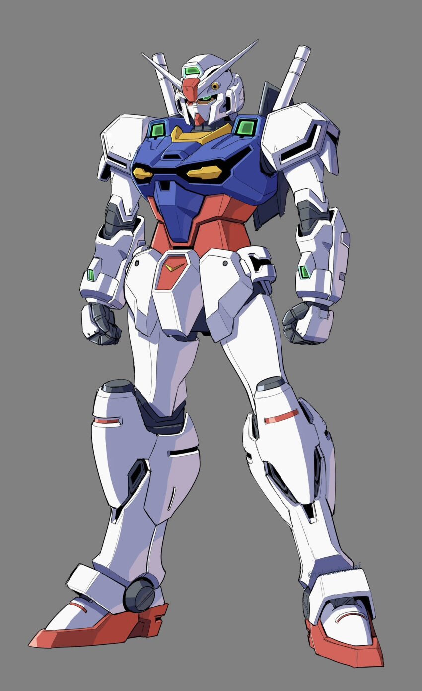 arms_at_sides, clenched_hands, commentary_request, full_body, green_eyes, grey_background, gundam_engage_zero, gundam_u.c._engage