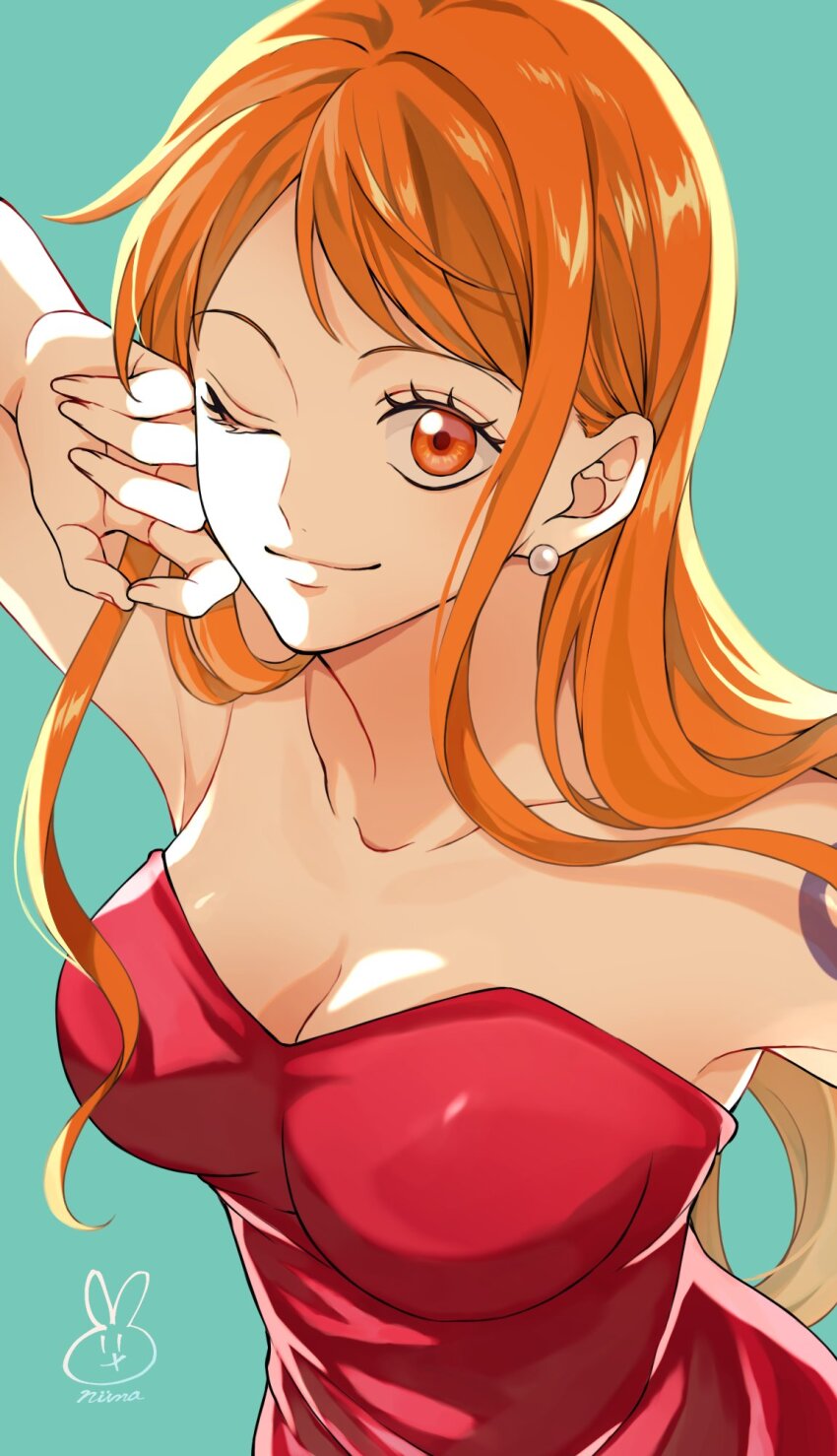 1girl, aqua_background, bare_shoulders, breasts, cleavage, closed_mouth, collarbone, commentary