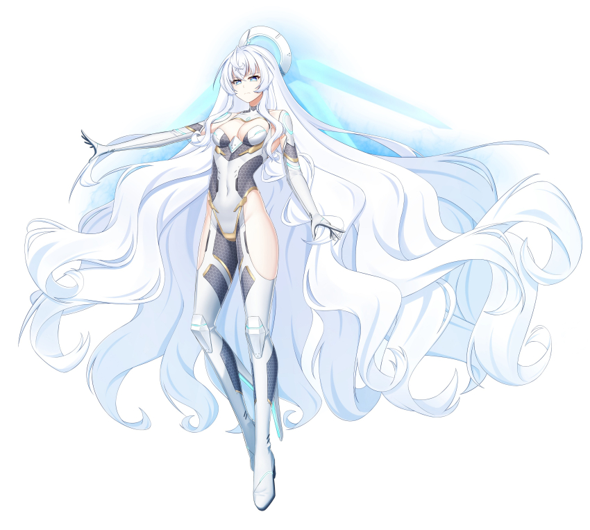 1girl, absurdres, adapted_costume, blue_eyes, blue_light, bodysuit, breasts, bright_pupils