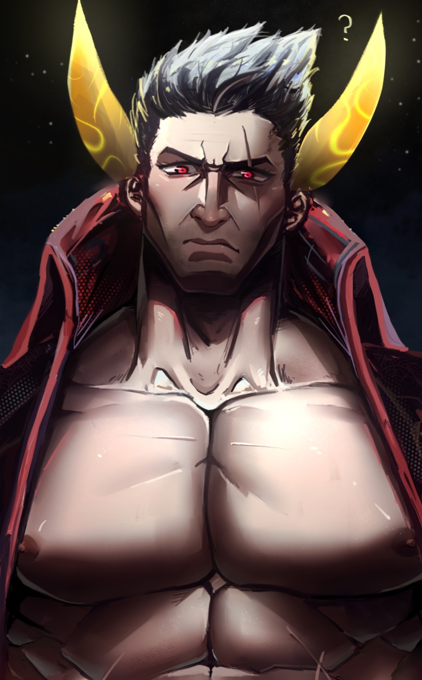 1boy, abs, alternate_costume, bara, black_hair, collared_jacket, darius_(league_of_legends), highres