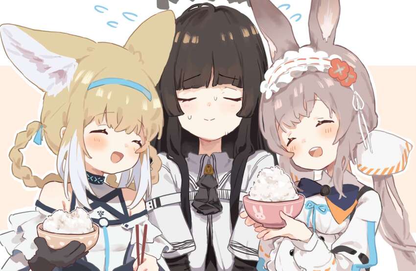3girls, :d, ^_^, animal_ears, arknights, ascot, bare_shoulders, black_ascot