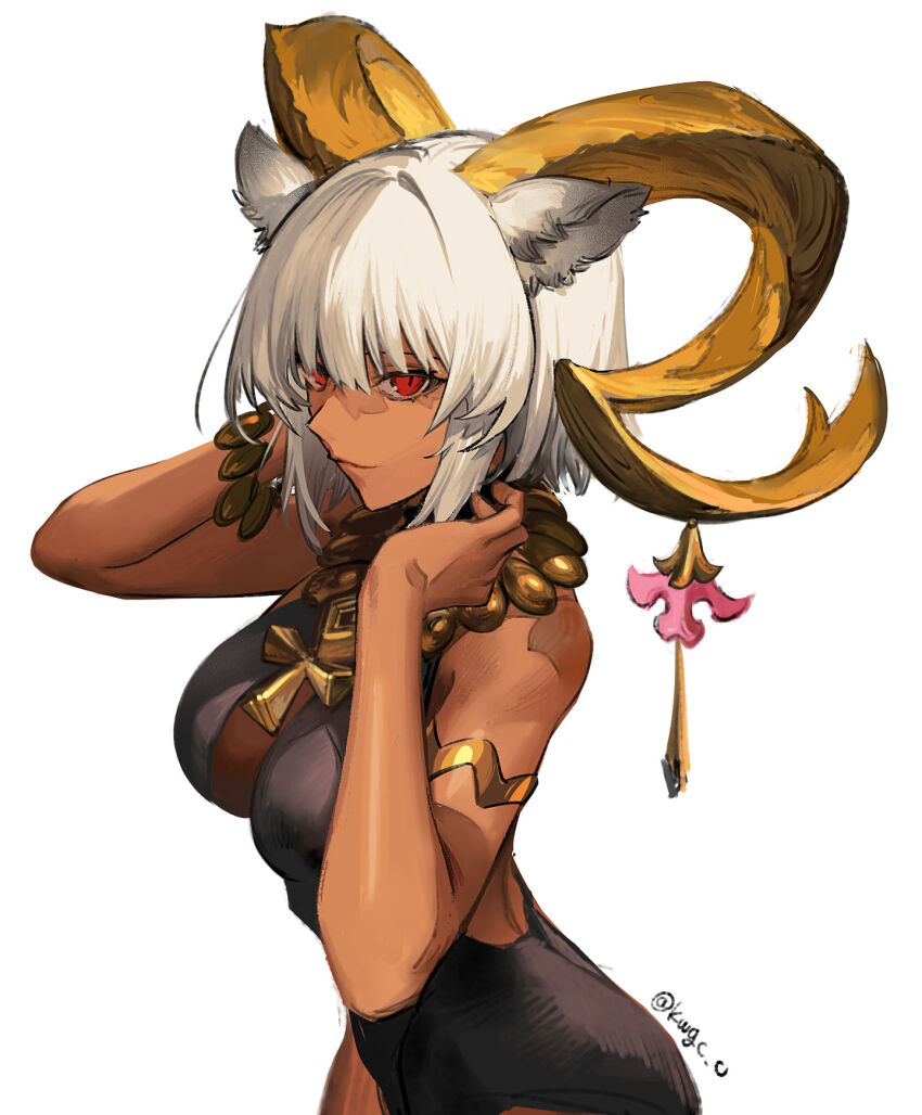 1girl, animal_ears, ankh, ankh_necklace, arknights, black_one-piece_swimsuit, breasts, carnelian_(arknights)
