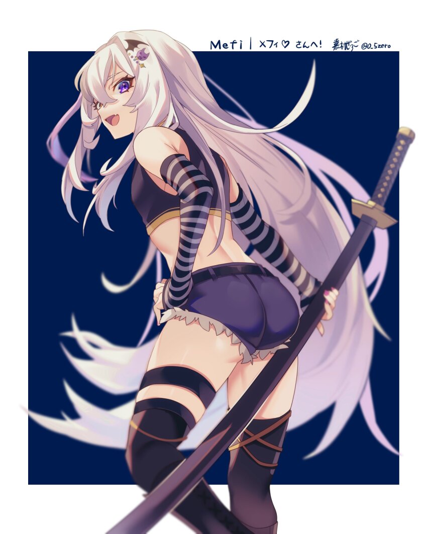 1boy, absurdres, black_thighhighs, blue_shorts, commentary, commission, crop_top, cropped_legs