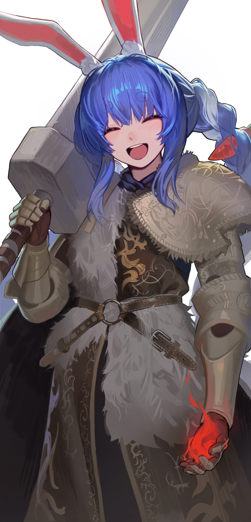 1girl, :d, animal_ears, armor, blue_hair, blush, braid, cosplay