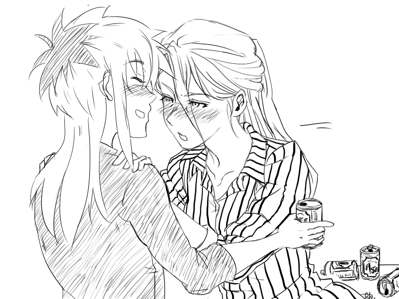 2girls, alcohol, beer, blush, can, closed_eyes, collarbone, collared_shirt