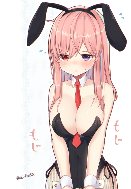 1girl, animal_ear_hairband, animal_ears, artist_name, between_breasts, black_leotard, blush, breasts
