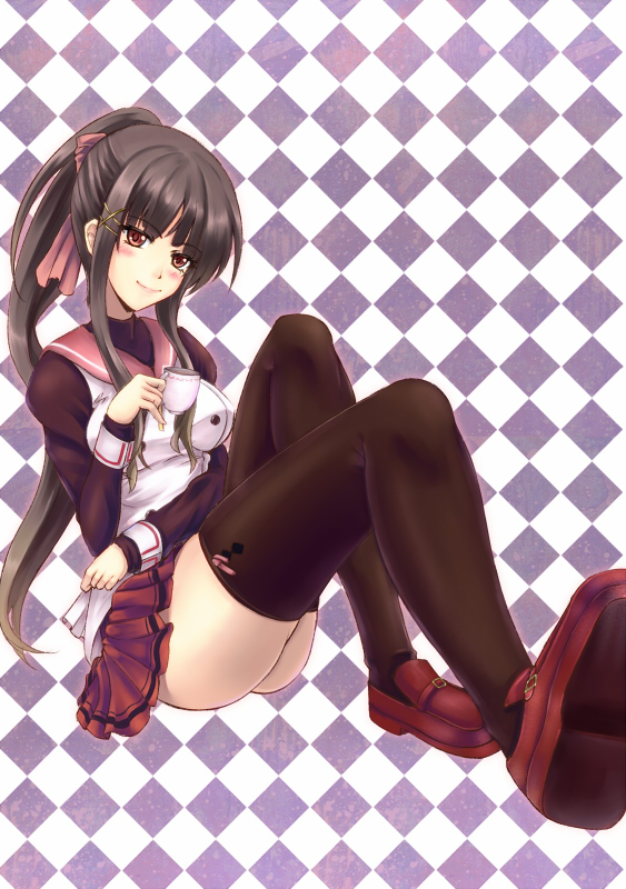 1girl, ass, black_hair, black_thighhighs, bow, breasts, brown_eyes, checkered_background