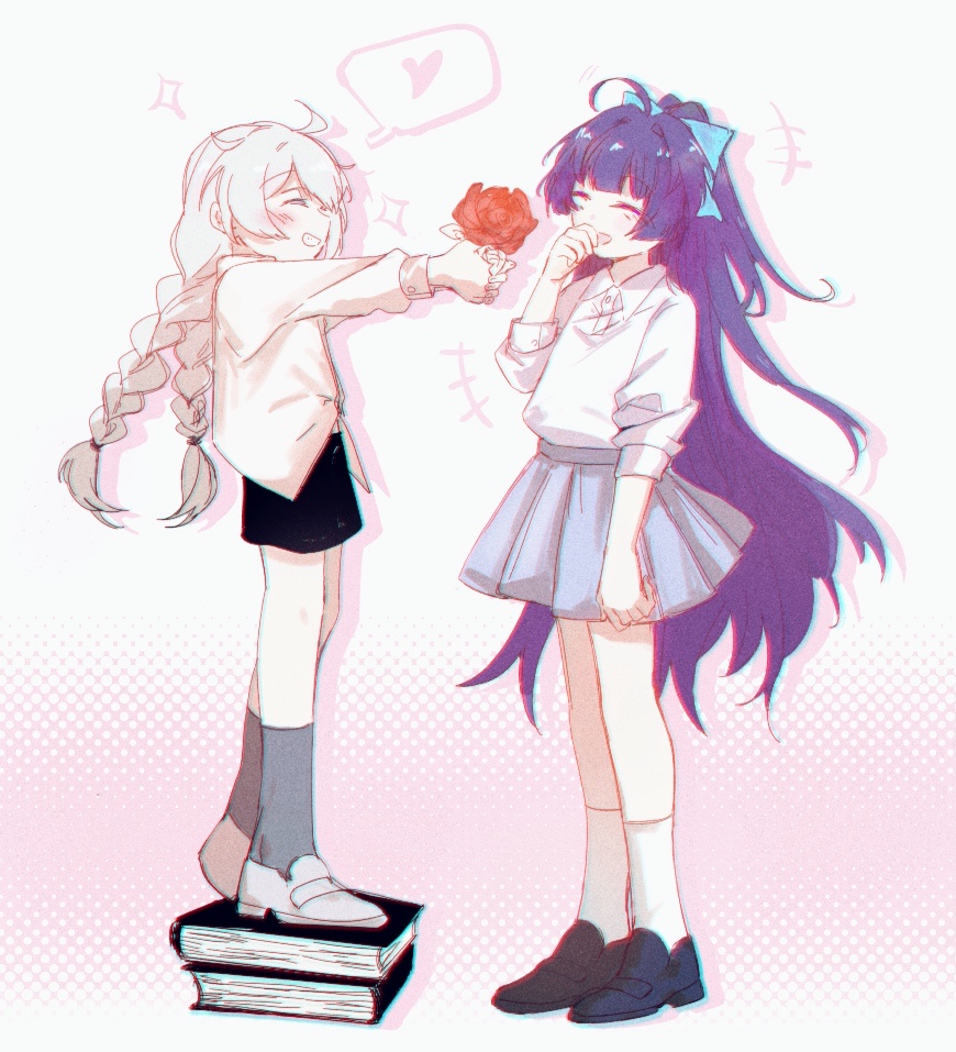 +++, 2girls, aged_down, ahoge, black_shorts, blue_ribbon, blunt_bangs, blush, book, braid, child, closed_eyes, collared_shirt, commentary_request, daikon_daikon, flower, grey_socks, grin, hair_ribbon, halftone, halftone_background, hand_to_own_mouth, happy, heart, height_difference, holding, holding_flower, honkai_(series), honkai_impact_3rd, kiana_kaslana, long_hair, long_sleeves, miniskirt, multiple_girls, pink_background, pleated_skirt, purple_hair, raiden_mei, red_flower, red_rose, ribbon, rose, shirt, shorts, skirt, smile, socks, sparkle, spoken_heart, standing, standing_on_object, twin_braids, very_long_hair, white_background, white_hair, white_shirt, white_socks, yuri