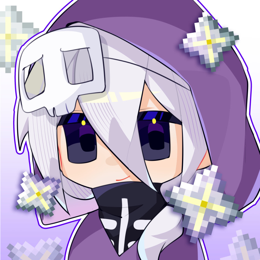 1boy, absurdres, androgynous, animification, black_eyes, chibi, chibi_only, chinese_commentary, cloak, commentary_request, creepypasta, dreadlord_(creepypasta), guaziren802, highres, hood, hood_up, long_hair, looking_at_viewer, male_focus, mask, minecraft, nether_star, outline, purple_cloak, skull, smile, solo, upper_body, white_hair, white_outline